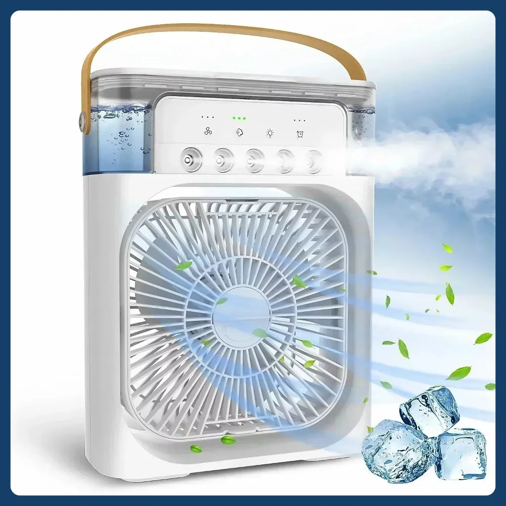 Multifunktionaler 3-in-1-Tischventilator, tragbarer Mini-Luftkühler, USB-Luftbefeuchter, Kühlventilator mit LED-Nachtlicht für Zuhause und Büro